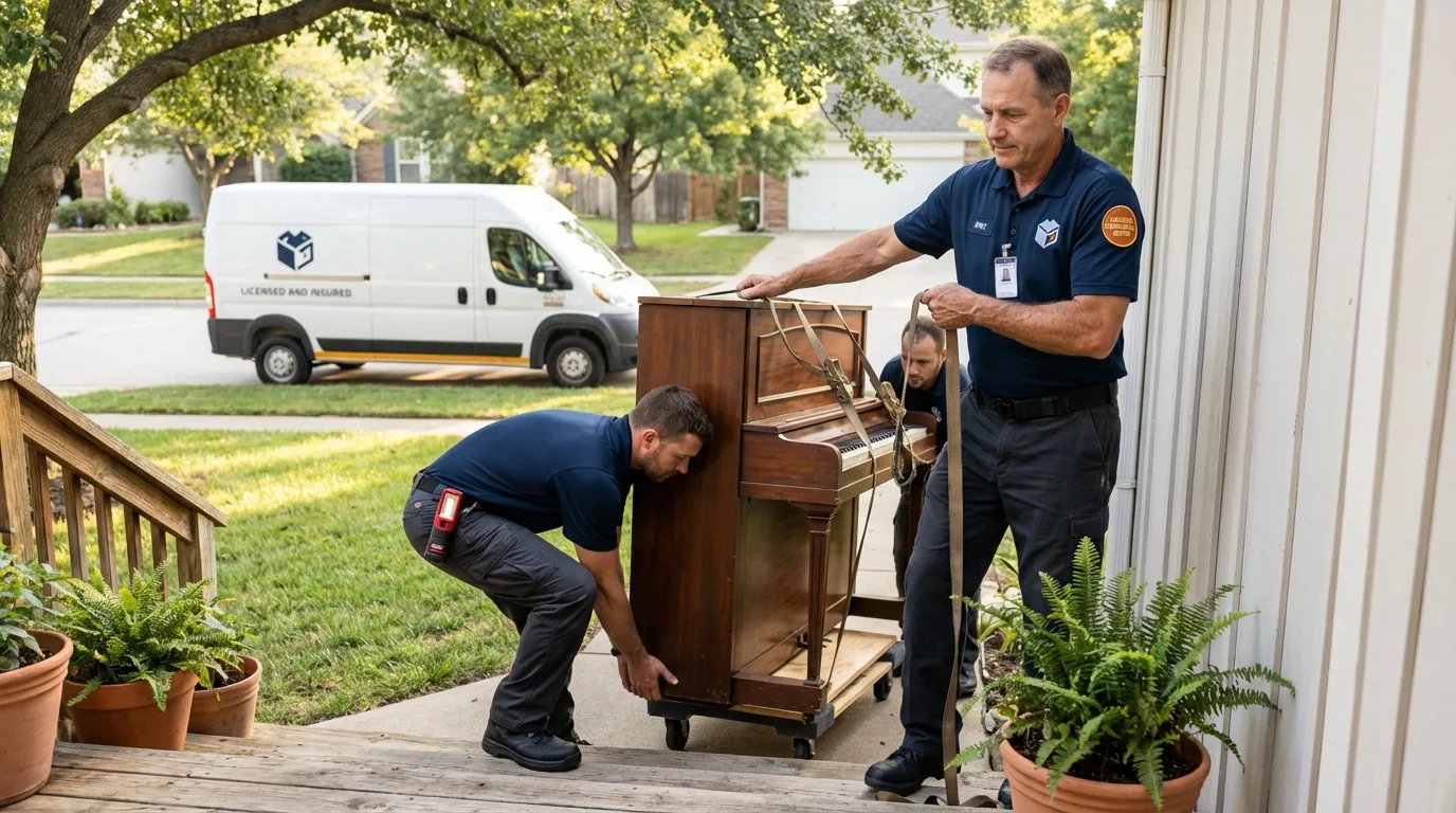 Licensed piano movers securing grand piano in Taylor, NE