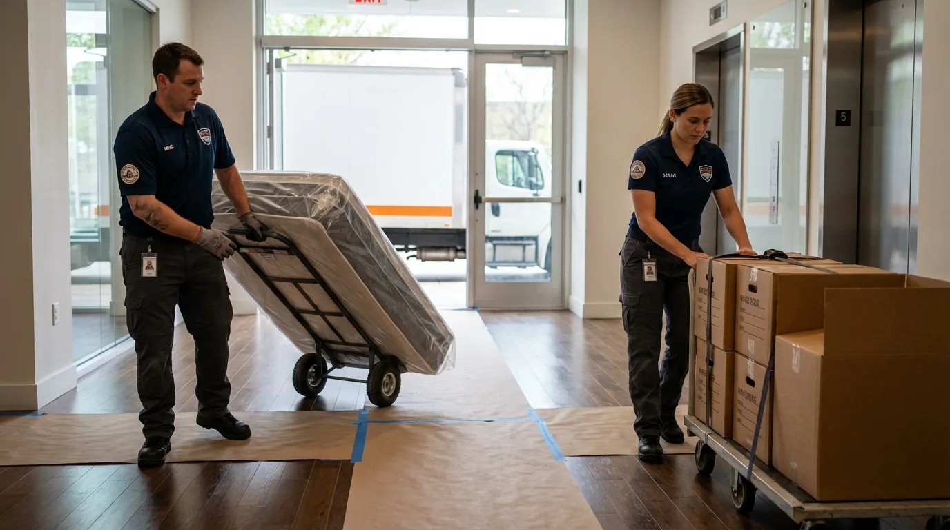 Professional apartment movers loading elevator in Taylor, NE